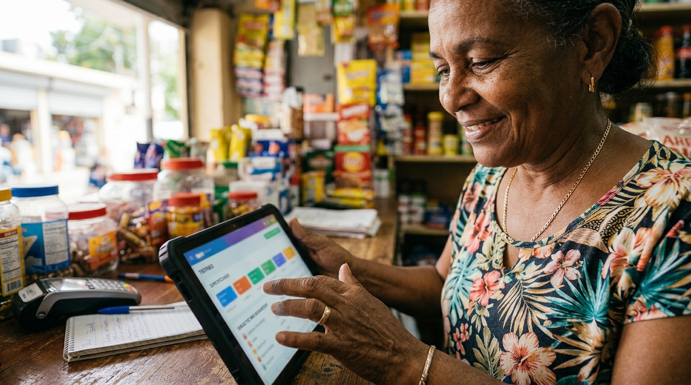 Dueña de un colmado dominicano revisando un dashboard de ventas simple en tablet, en su negocio local