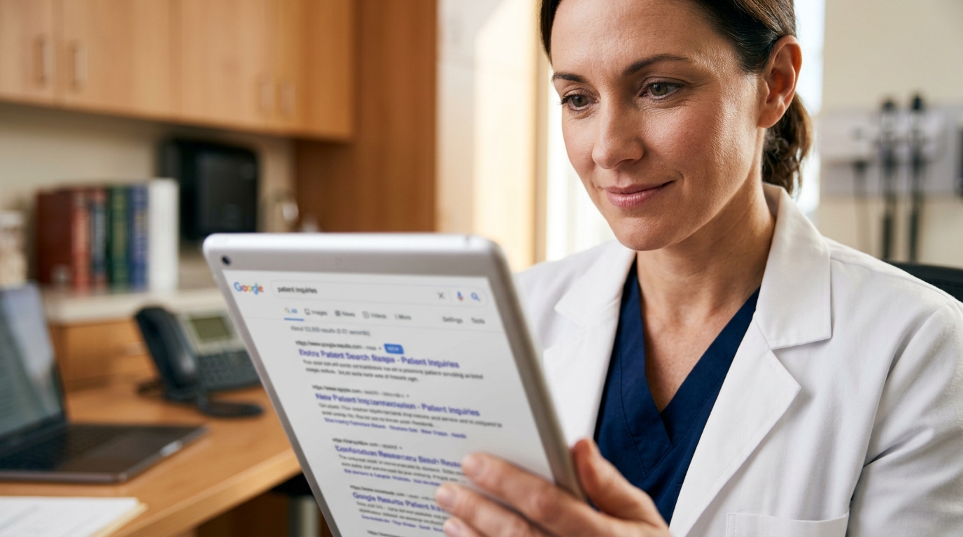 Doctora revisando en una tablet los resultados de búsqueda de Google sobre consultas de pacientes