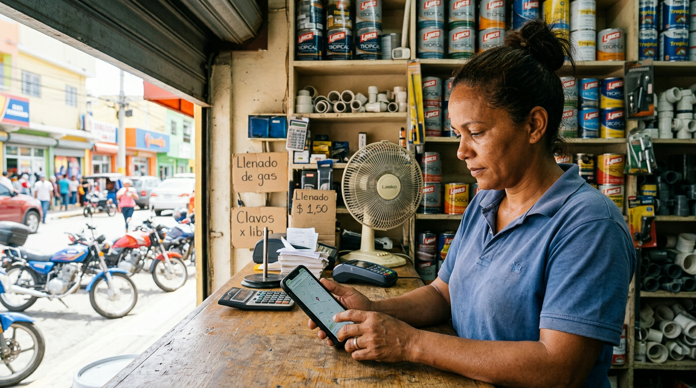 Dueña de una ferretería en República Dominicana revisando en su celular la ubicación de su negocio en el mapa, detrás del mostrador de su local